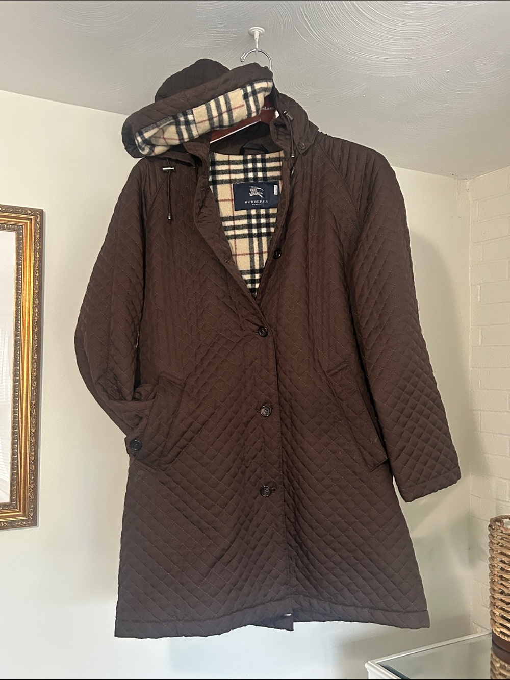 🏴Burberry Chocolate Brown Quilted Hooded Coat with Nova Check Lining
